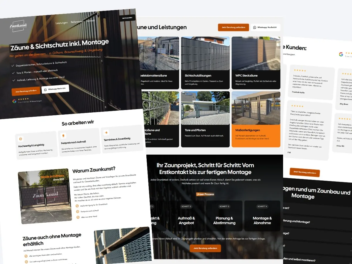 Drei Ansichten der Webseite zaunkunst.com: Startseite, Leistungen und Bewertungen